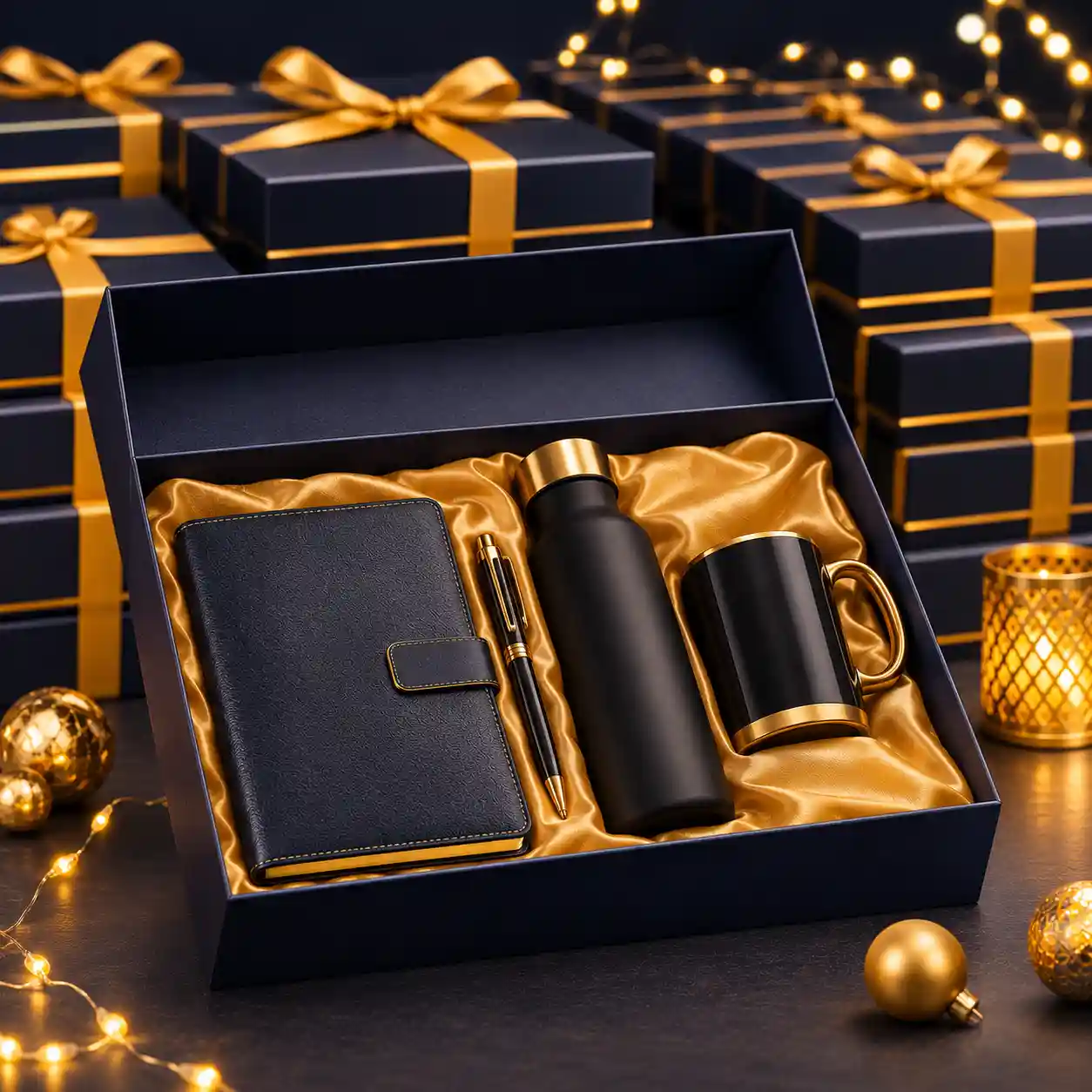 Corporate new year gift boxes for employees and teams, with diary, pen, bottle and mug set