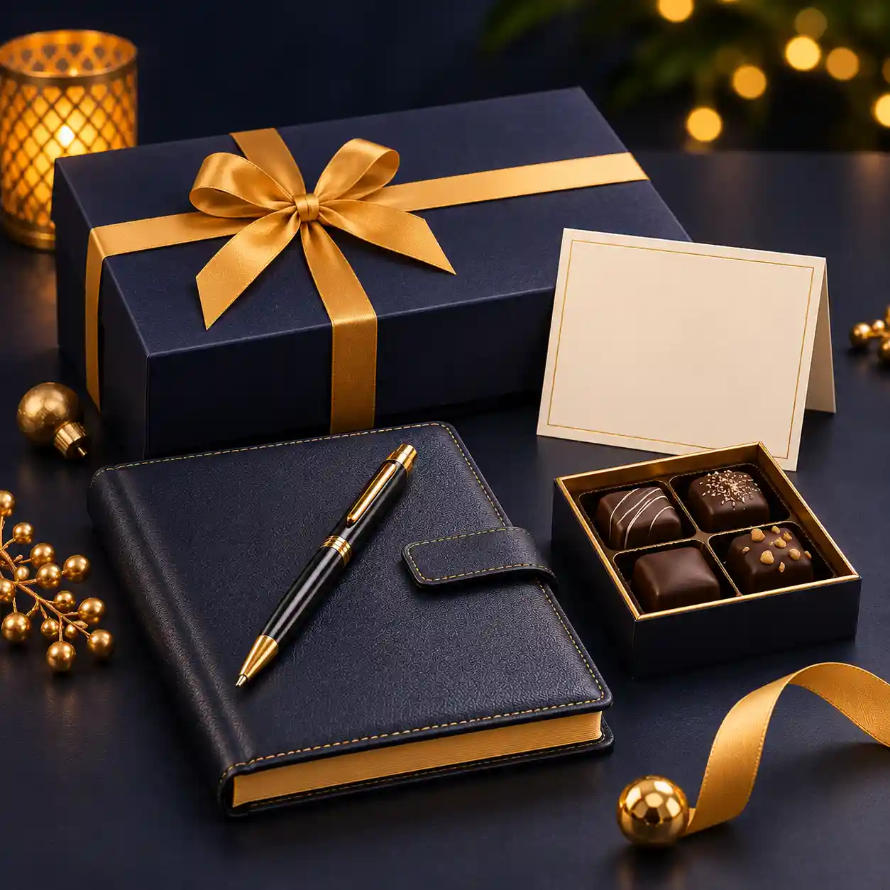 Elegant new year gift for clients with premium diary, pen and chocolates in a navy gift box